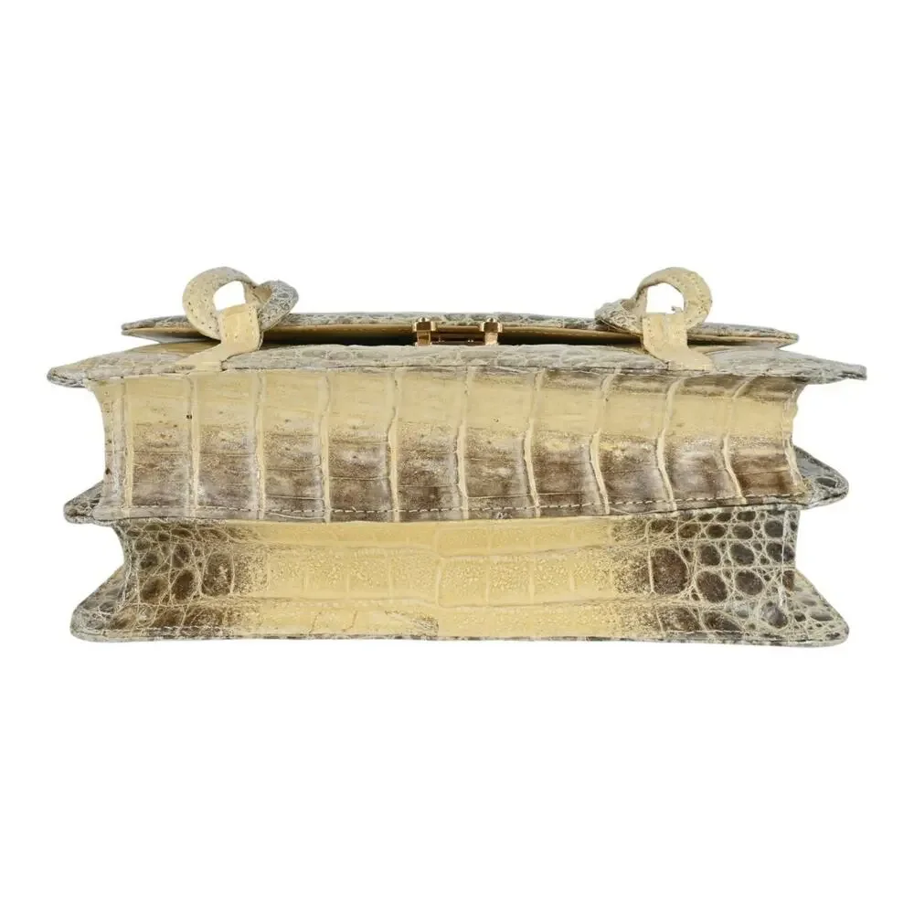 Beige Croc Leather Top Handle Bag